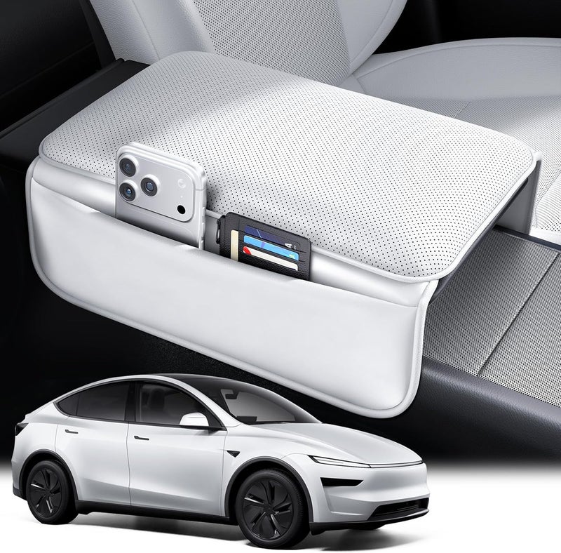 Wigoo Tesla New Model Y Juniper & Model 3 Highland Center Console Cover, [Soft Support, Anti-Scratch] Nappa Leather Car Armrest Cover Cushion with 2 Storage Bags, Arm Rest Protector Accessories White - Image 1